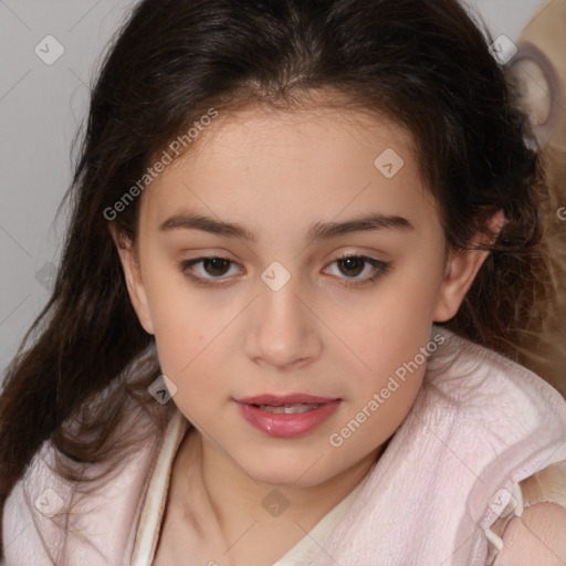 Joyful white child female with medium  brown hair and brown eyes