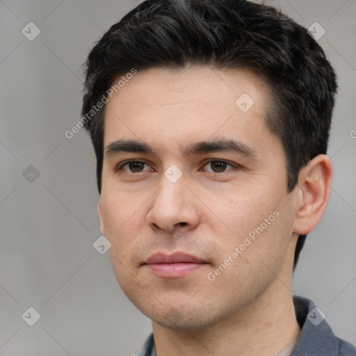 Neutral white young-adult male with short  black hair and brown eyes