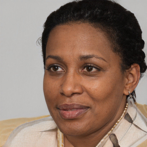Joyful black adult female with short  black hair and brown eyes