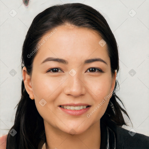 Joyful white young-adult female with long  brown hair and brown eyes