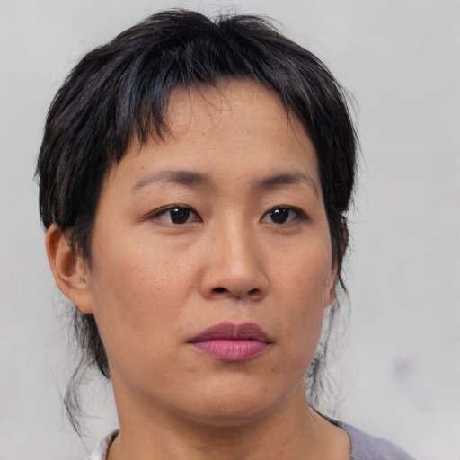 Neutral asian young-adult female with medium  brown hair and brown eyes