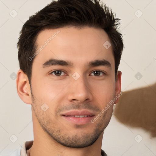 Neutral white young-adult male with short  brown hair and brown eyes