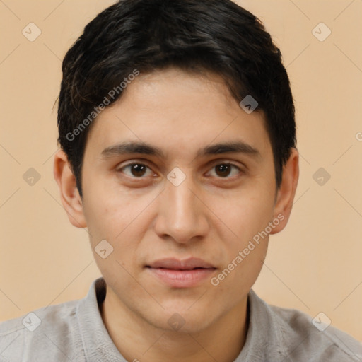 Joyful latino young-adult male with short  brown hair and brown eyes