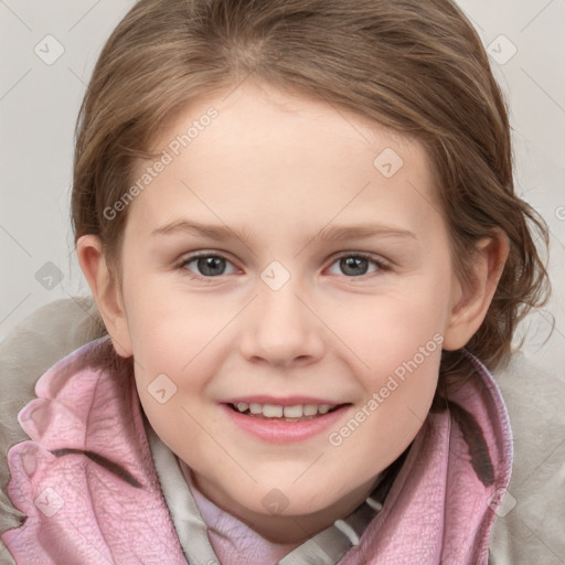 Joyful white child female with medium  brown hair and blue eyes