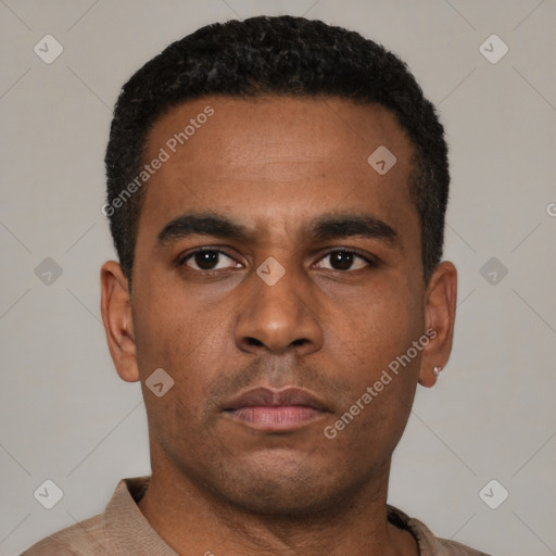 Neutral latino young-adult male with short  black hair and brown eyes