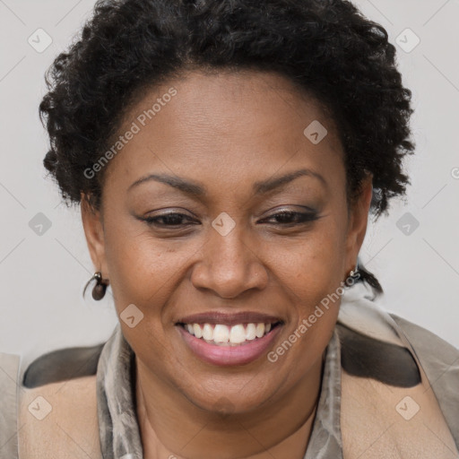 Joyful black adult female with short  brown hair and brown eyes