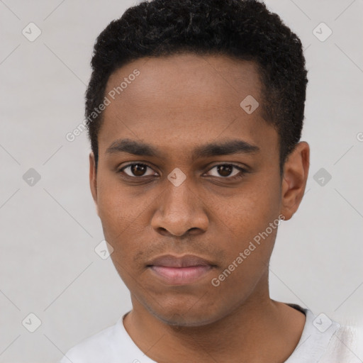 Neutral black young-adult male with short  black hair and brown eyes