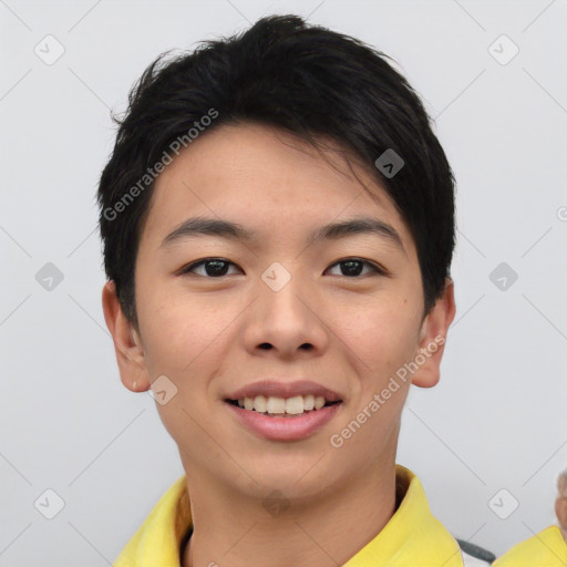 Joyful asian young-adult female with short  black hair and brown eyes