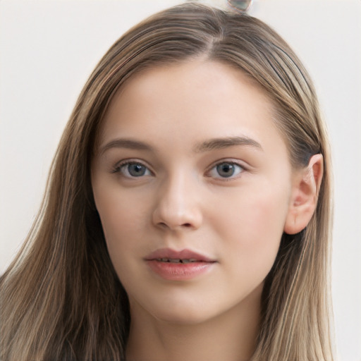 Neutral white young-adult female with long  brown hair and grey eyes