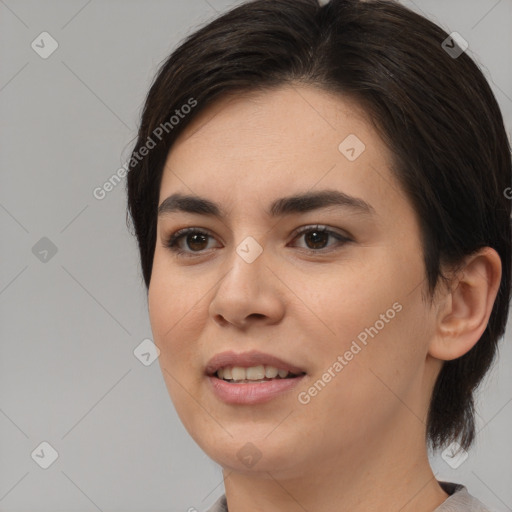 Joyful white young-adult female with medium  brown hair and brown eyes