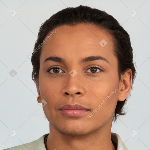 Neutral white young-adult female with short  brown hair and brown eyes