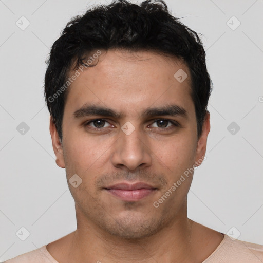 Neutral white young-adult male with short  black hair and brown eyes