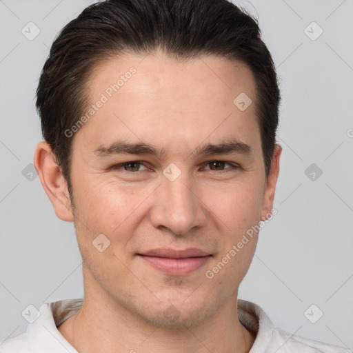 Joyful white young-adult male with short  brown hair and brown eyes