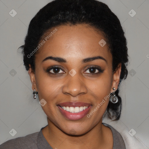 Joyful latino young-adult female with medium  black hair and brown eyes