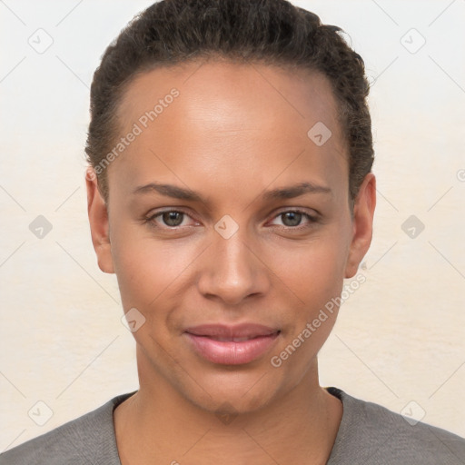 Joyful white young-adult female with short  brown hair and brown eyes