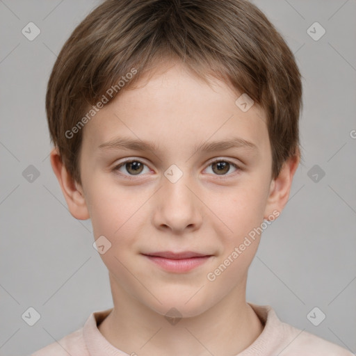 Joyful white child female with short  brown hair and brown eyes