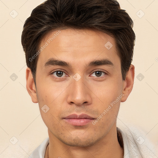 Neutral white young-adult male with short  brown hair and brown eyes