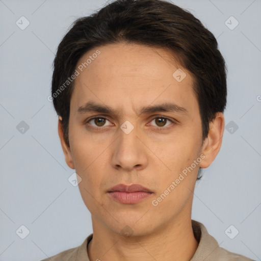 Neutral white adult male with short  black hair and brown eyes