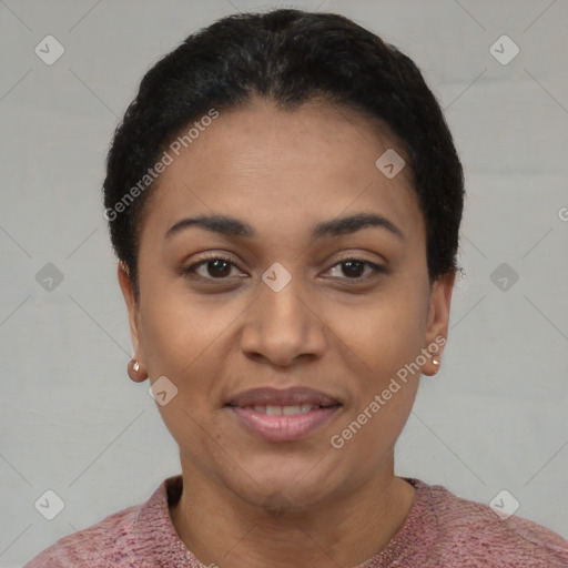 Joyful latino young-adult female with short  black hair and brown eyes