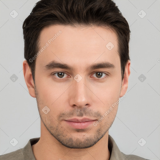 Neutral white young-adult male with short  brown hair and brown eyes