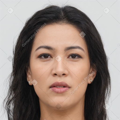 Neutral asian young-adult female with long  brown hair and brown eyes