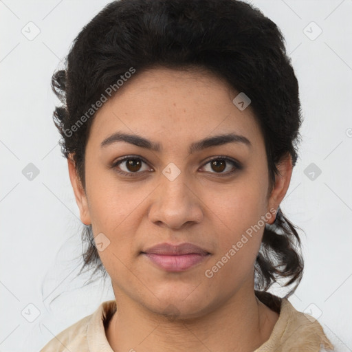 Joyful latino young-adult female with short  brown hair and brown eyes