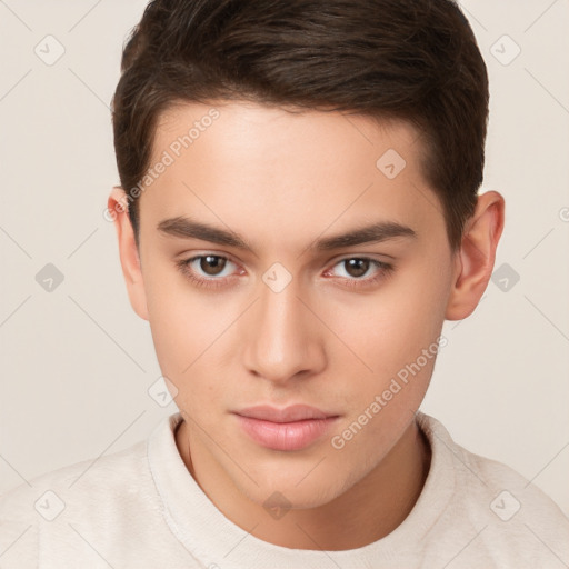 Neutral white young-adult male with short  brown hair and brown eyes