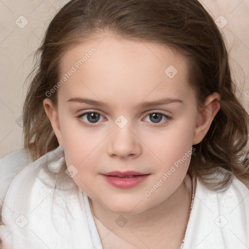 Joyful white child female with medium  brown hair and brown eyes