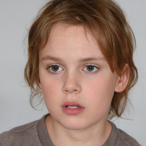 Neutral white child female with medium  brown hair and blue eyes