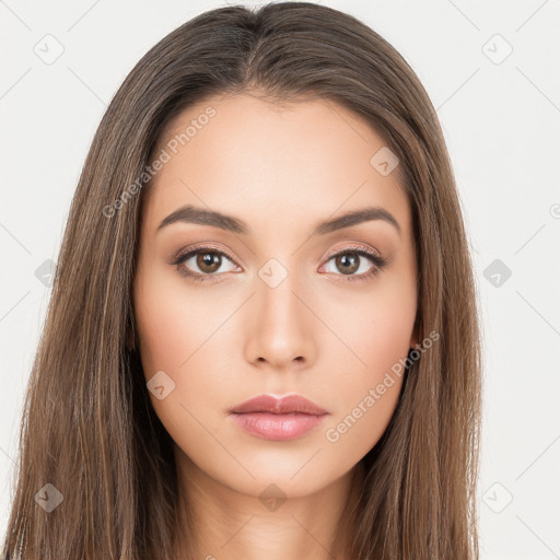 Neutral white young-adult female with long  brown hair and brown eyes