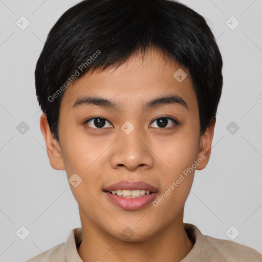 Joyful asian young-adult male with short  black hair and brown eyes