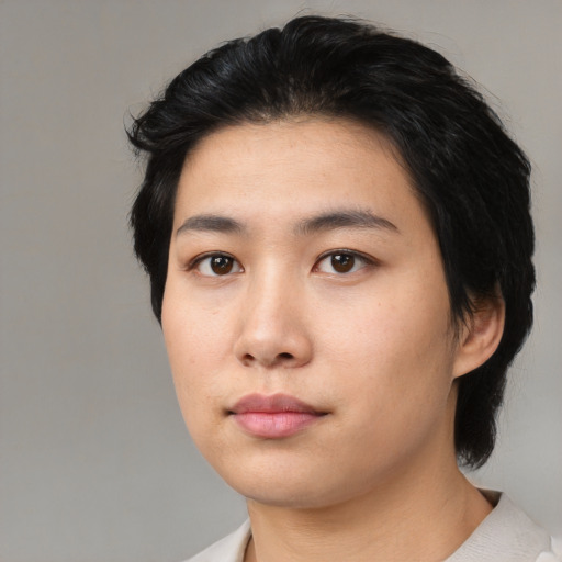 Neutral asian young-adult female with medium  black hair and brown eyes