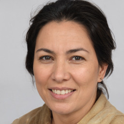 Joyful white adult female with medium  brown hair and brown eyes