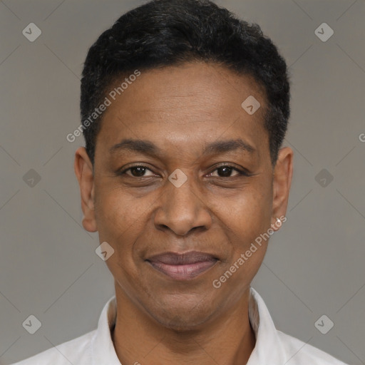 Joyful black adult male with short  black hair and brown eyes