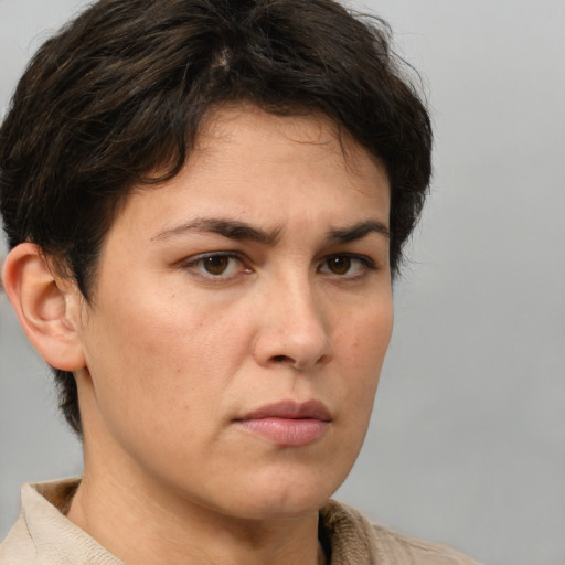 Neutral white adult female with short  brown hair and brown eyes