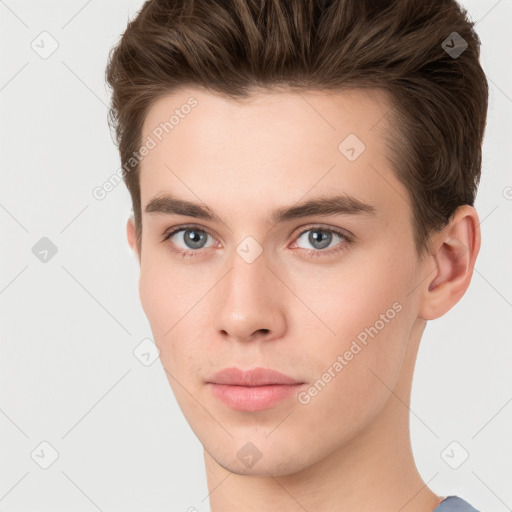 Neutral white young-adult male with short  brown hair and brown eyes