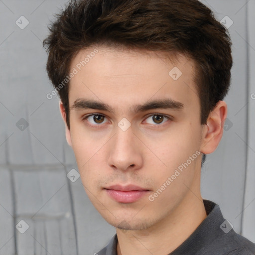 Neutral white young-adult male with short  brown hair and brown eyes