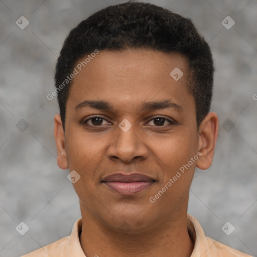 Joyful latino young-adult male with short  brown hair and brown eyes