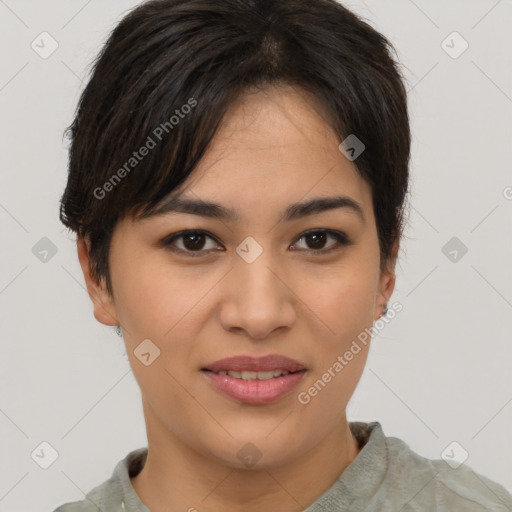 Joyful asian young-adult female with short  brown hair and brown eyes