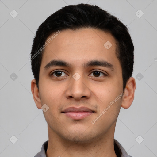 Neutral latino young-adult male with short  black hair and brown eyes