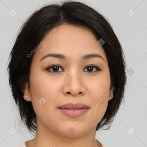 Joyful asian young-adult female with medium  brown hair and brown eyes