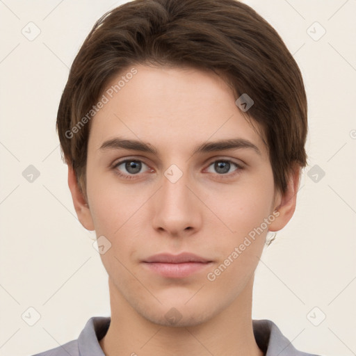 Neutral white young-adult male with short  brown hair and brown eyes