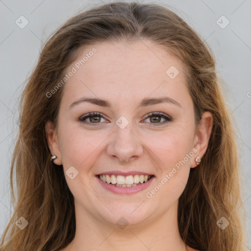 Joyful white young-adult female with long  brown hair and grey eyes