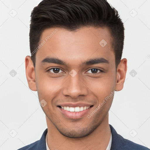 Joyful white young-adult male with short  brown hair and brown eyes