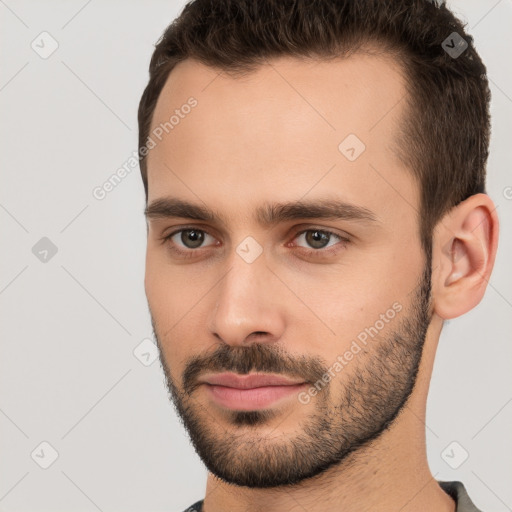 Neutral white young-adult male with short  brown hair and brown eyes