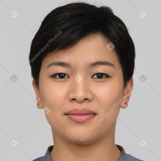 Joyful asian young-adult female with short  black hair and brown eyes