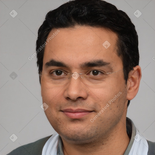 Joyful white young-adult male with short  black hair and brown eyes