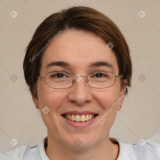 Joyful white adult female with short  brown hair and brown eyes