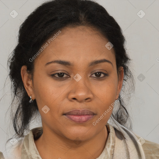 Joyful black young-adult female with medium  brown hair and brown eyes