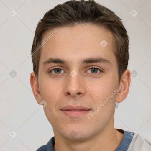 Neutral white young-adult male with short  brown hair and brown eyes